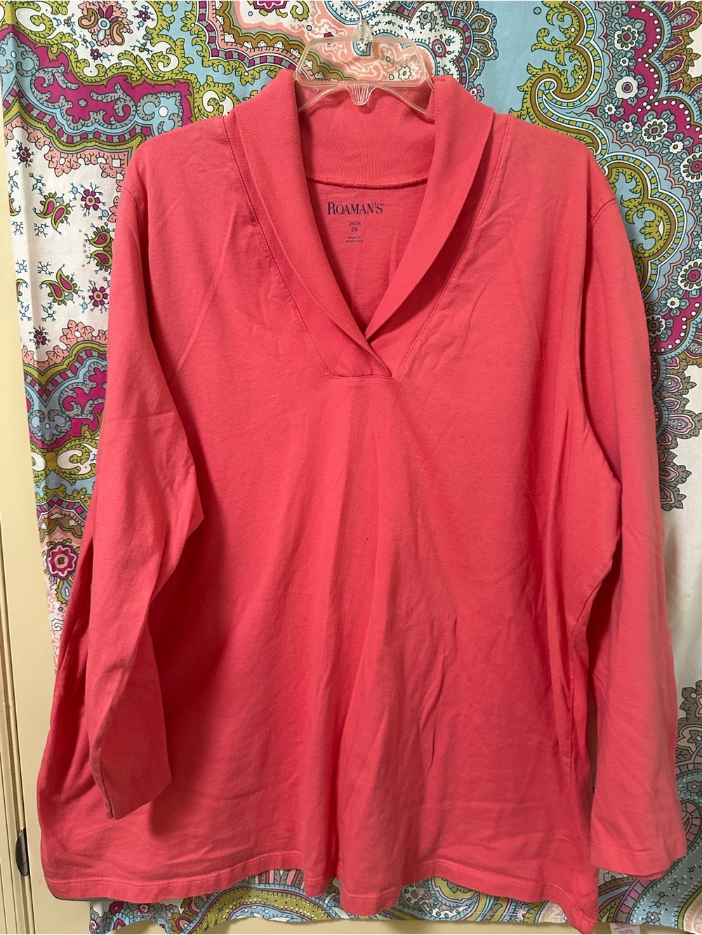 Roaman's Coral-Pink V-Neck Shawl Collar Long Sleeve Top